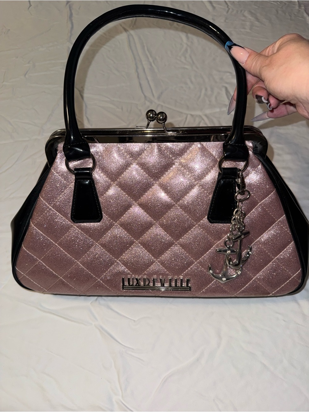 Lux de Ville Shimmer Rose Pink Quilted Satchel with Black Trim & Anchor Charm